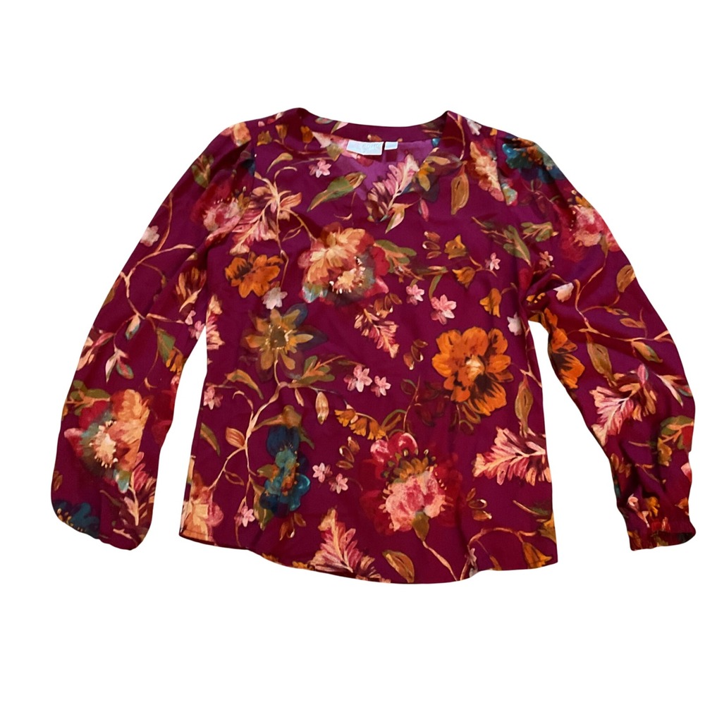 Cynthia Rowley Womens Floral V-Neck Blouse Berry Purple Long Sleeve Top